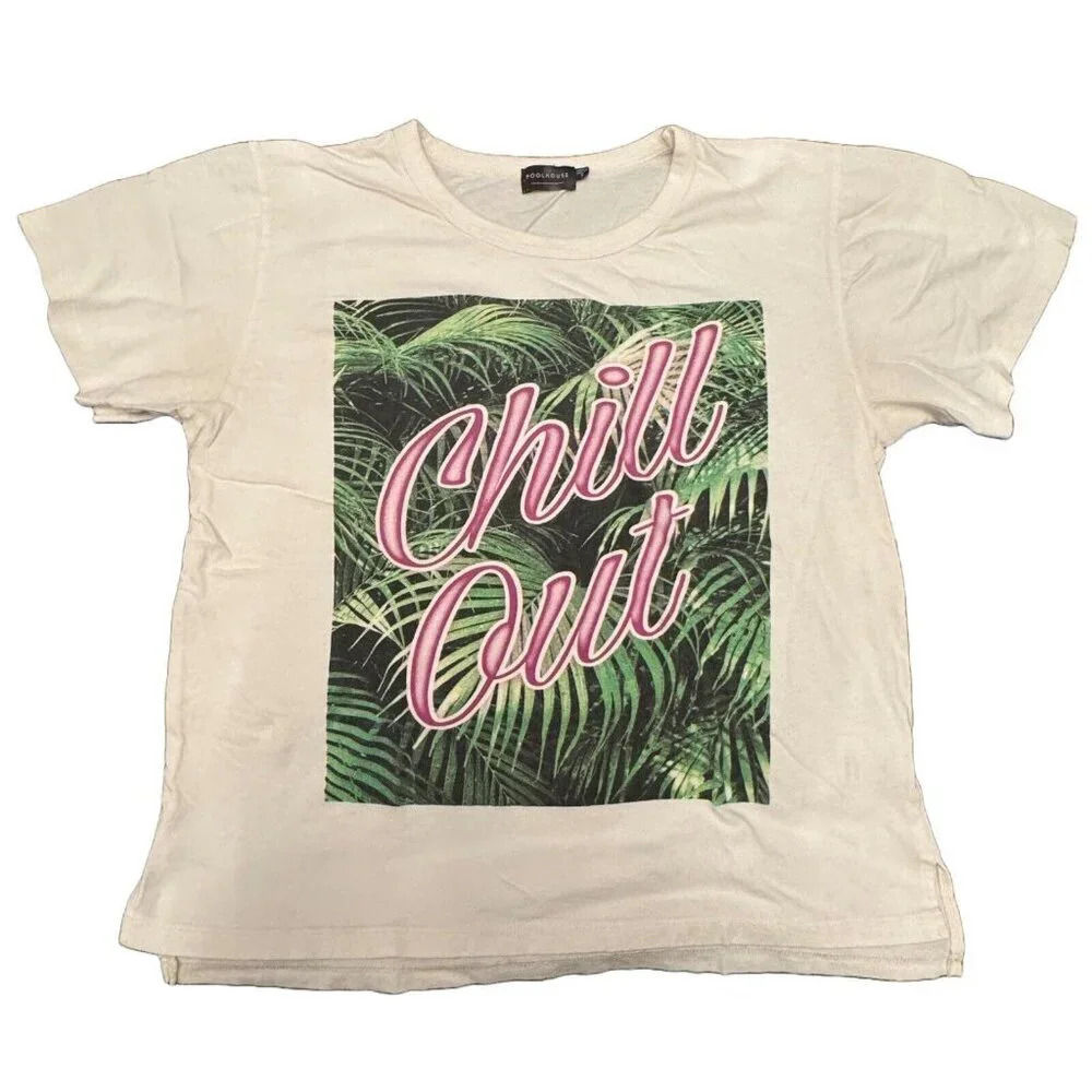 Poolhouse Chill Out Tropical Beach Summer Split Hem Graphic Tee EUC Size Small